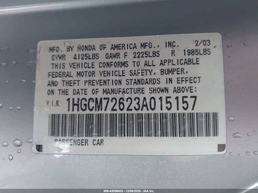 2003 Honda Accord 2.4 Ex VIN: 1HGCM72623A015157 Lot: 43856403