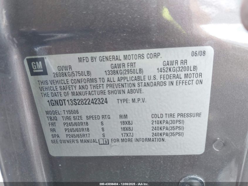 2008 Chevrolet Trailblazer Lt VIN: 1GNDT13S282242324 Lot: 43856404