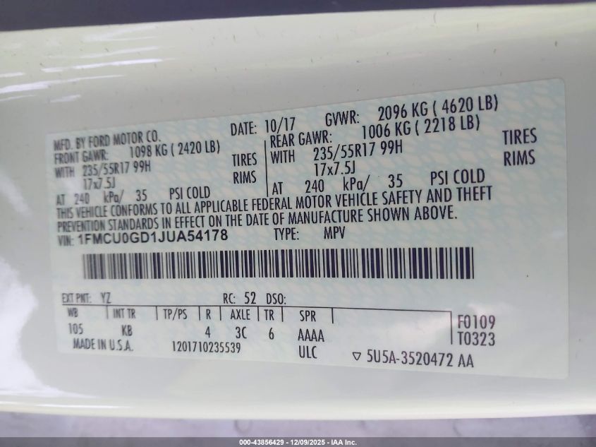 2018 Ford Escape Se VIN: 1FMCU0GD1JUA54178 Lot: 43856429