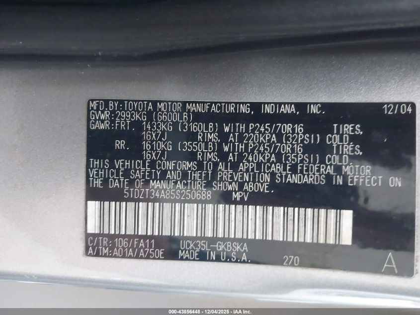 2005 Toyota Sequoia Sr5 V8 VIN: 5TDZT34A85S250688 Lot: 43856448