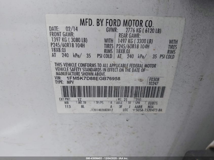 2014 Ford Explorer Xlt VIN: 1FM5K7D88EGB76958 Lot: 43856453