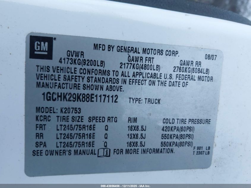 2008 Chevrolet Silverado 2500Hd Lt1 VIN: 1GCHK29K88E117112 Lot: 43856456