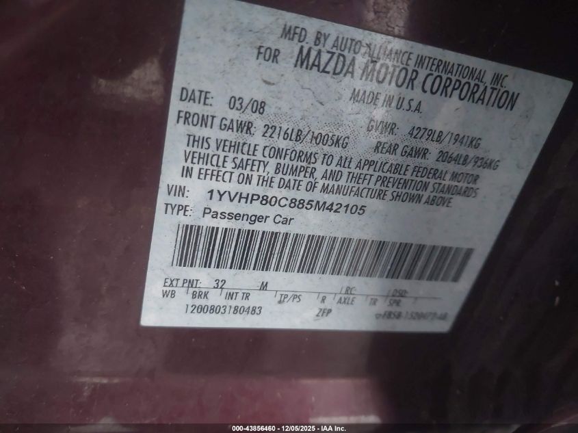 2008 Mazda Mazda6 I Sport Ve VIN: 1YVHP80C885M42105 Lot: 43856460