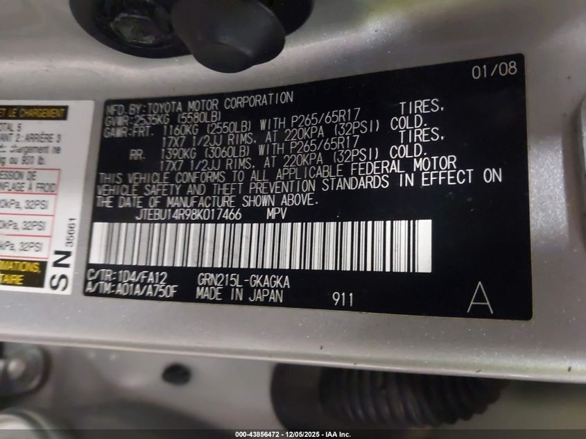 2008 Toyota 4Runner Sr5 V6 VIN: JTEBU14R98K017466 Lot: 43856472