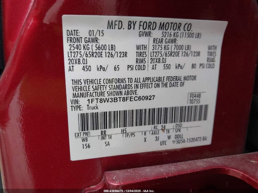2015 Ford F-350 Lariat VIN: 1FT8W3BT8FEC60927 Lot: 43856475