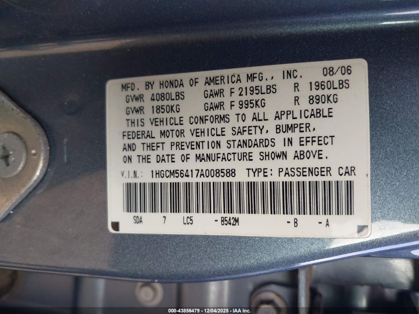 2007 Honda Accord 2.4 Lx VIN: 1HGCM56417A008588 Lot: 43856479