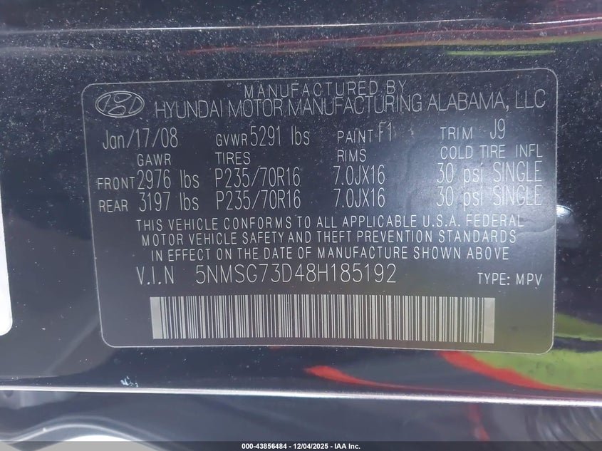 5NMSG73D48H185192 2008 HYUNDAI SANTA FE photo no. 9