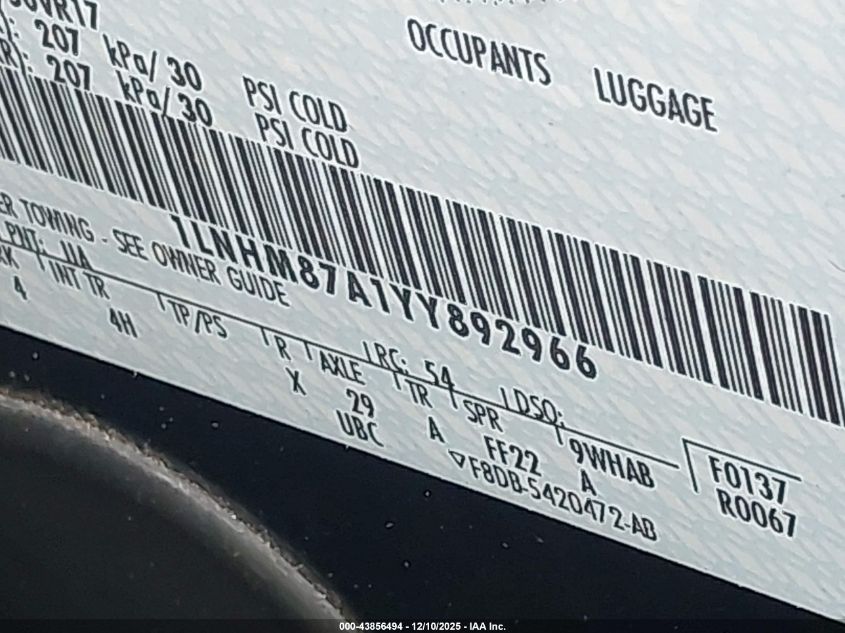 2000 Lincoln Ls V8 Auto VIN: 1LNHM87A1YY892966 Lot: 43856494