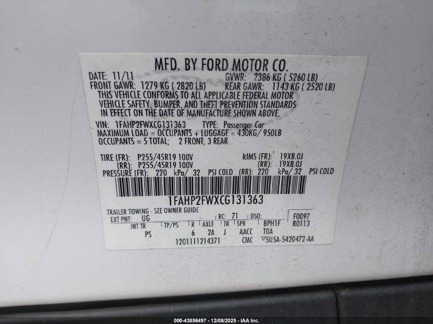 2012 Ford Taurus Limited VIN: 1FAHP2FWXCG131363 Lot: 43856497