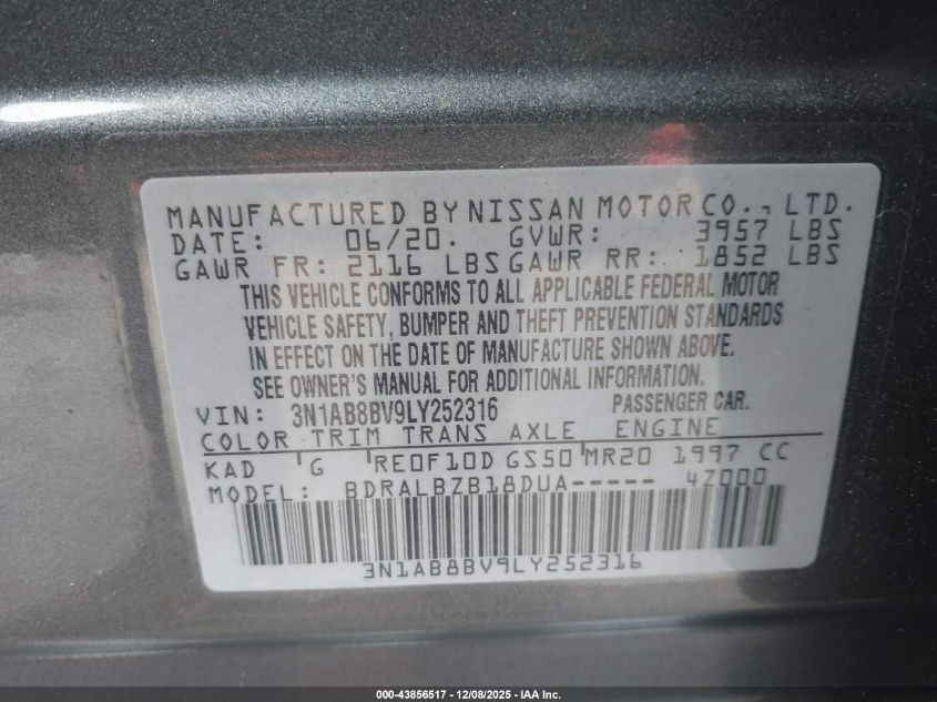 2020 Nissan Sentra S Xtronic Cvt VIN: 3N1AB8BV9LY252316 Lot: 43856517