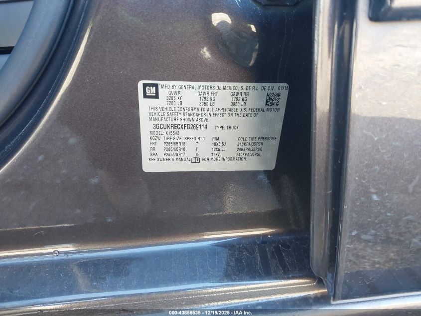 2015 Chevrolet Silverado 1500 2Lt VIN: 3GCUKRECXFG269114 Lot: 43856535