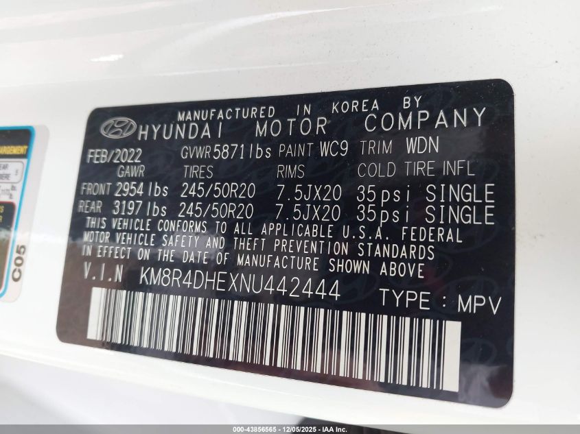 2022 Hyundai Palisade Sel VIN: KM8R4DHEXNU442444 Lot: 43856565