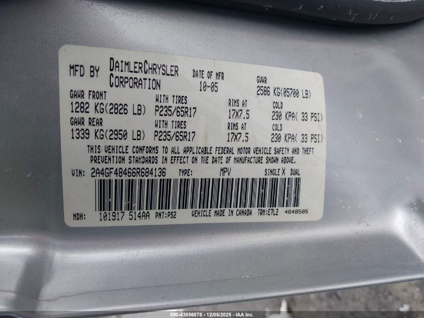 2006 Chrysler Pacifica VIN: 2A4GF48466R684136 Lot: 43856578