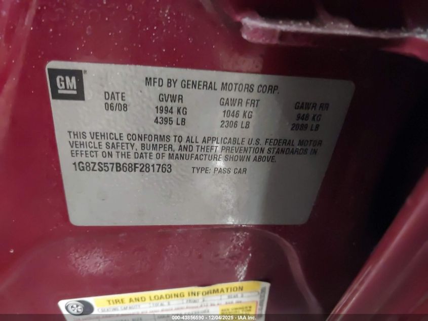 2008 Saturn Aura Xe VIN: 1G8ZS57B68F281763 Lot: 43856590