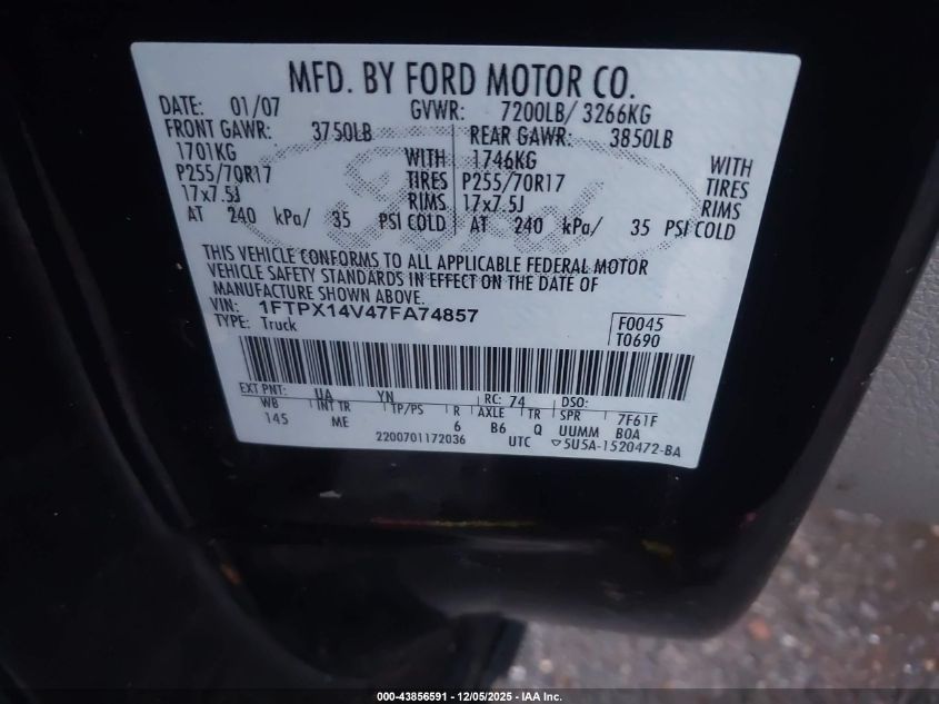 2007 Ford F-150 Fx4/Lariat/Xl/Xlt VIN: 1FTPX14V47FA74857 Lot: 43856591