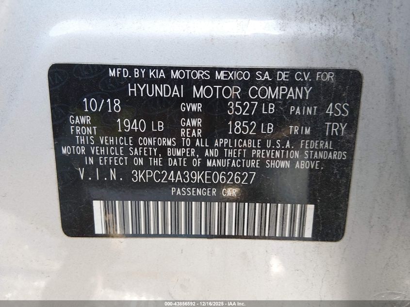2019 Hyundai Accent Se VIN: 3KPC24A39KE062627 Lot: 43856592