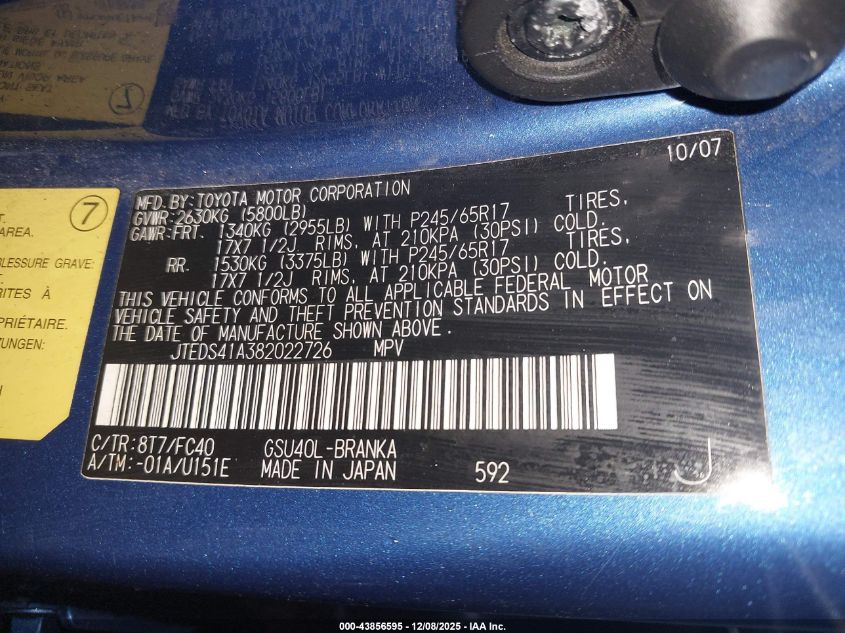 2008 Toyota Highlander VIN: JTEDS41A382022726 Lot: 43856595