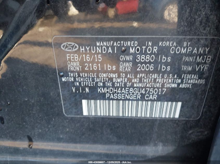 2016 Hyundai Elantra Se VIN: KMHDH4AE8GU475017 Lot: 43856607