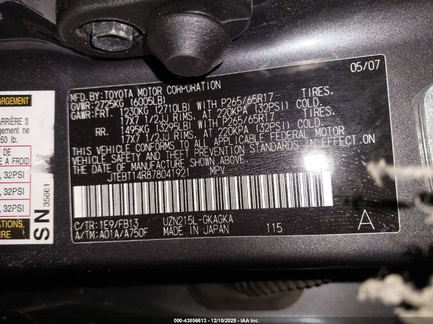 2007 Toyota 4Runner Sport V8 VIN: JTEBT14R87804192 Lot: 43856613