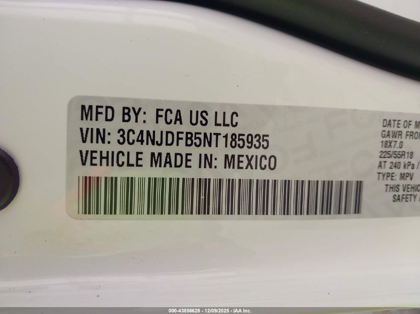 2022 Jeep Compass Latitude Lux 4X4 VIN: 3C4NJDFB5NT185935 Lot: 43856626