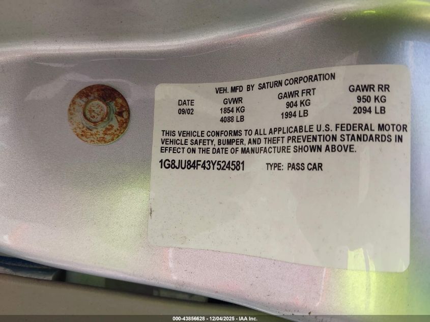 2003 Saturn L-Series Lw200 VIN: 1G8JU84F43Y524581 Lot: 43856628