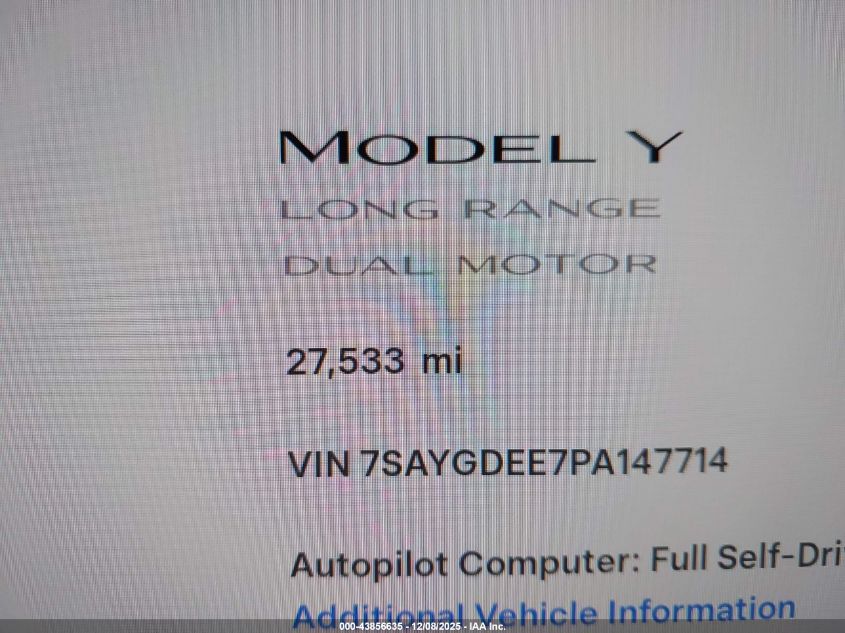 2023 Tesla Model Y Awd/Long Range Dual Motor All-Wheel Drive VIN: 7SAYGDEE7PA147714 Lot: 43856635