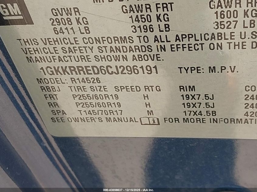 2012 GMC Acadia Slt-1 VIN: 1GKKRRED6CJ296191 Lot: 43856637