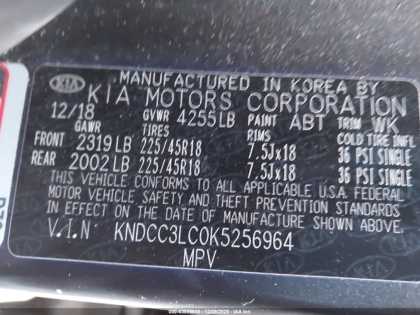 2019 Kia Niro S Touring VIN: KNDCC3LC0K5256964 Lot: 43856645