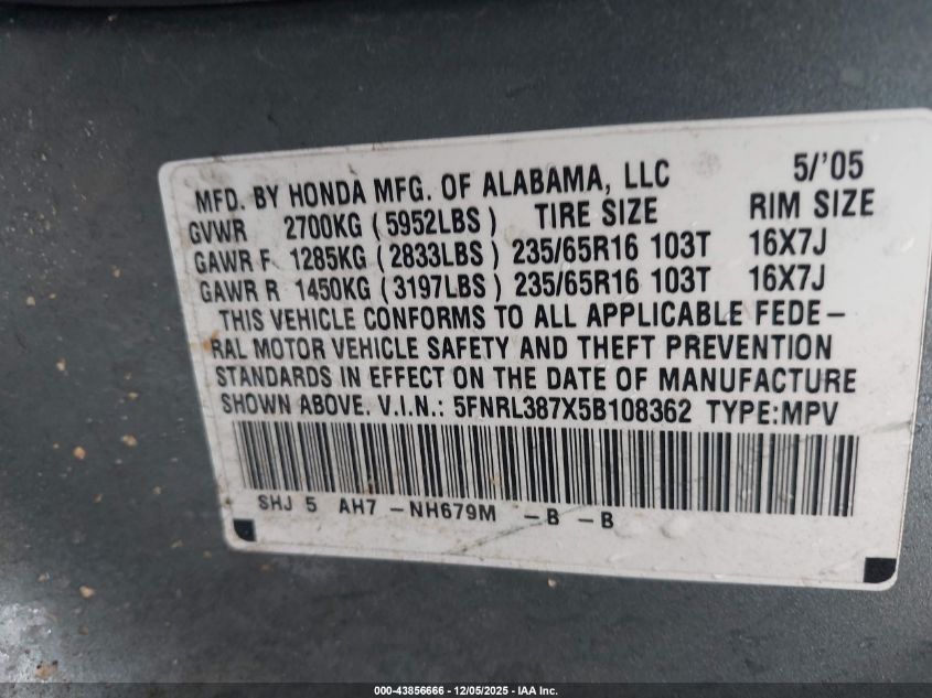 2005 Honda Odyssey Ex-L VIN: 5FNRL387X5B108362 Lot: 43856666