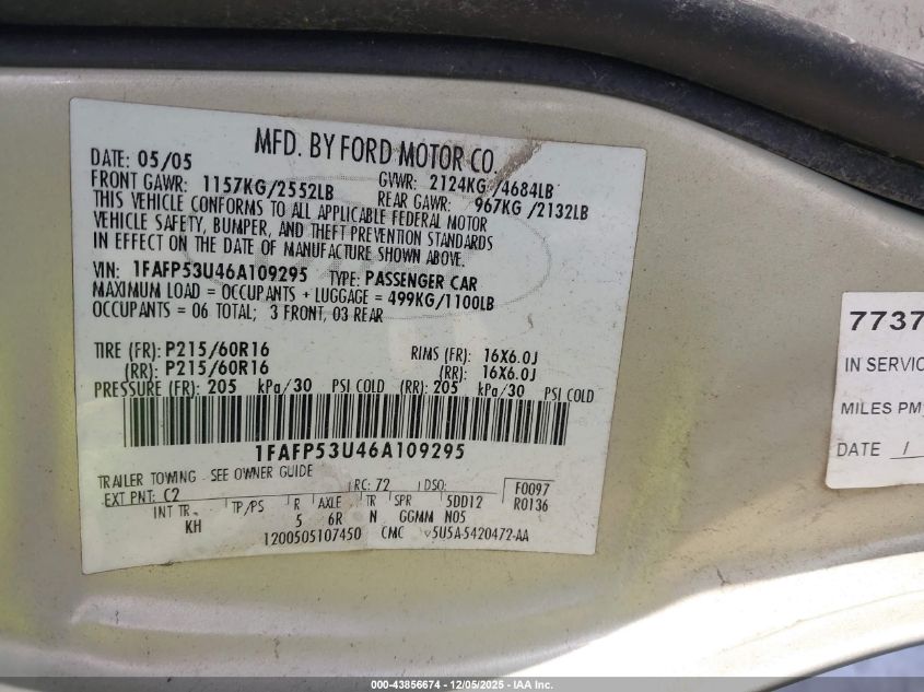 2006 Ford Taurus Se VIN: 1FAFP53U46A109295 Lot: 43856674