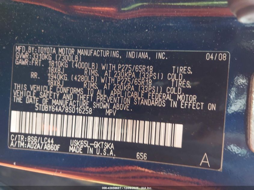 2008 Toyota Sequoia Sr5 5.7L V8 VIN: 5TDBY64A78S016258 Lot: 43856681