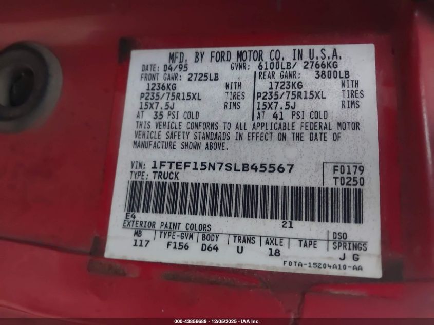 1995 Ford F150 VIN: 1FTEF15N7SLB45567 Lot: 43856689