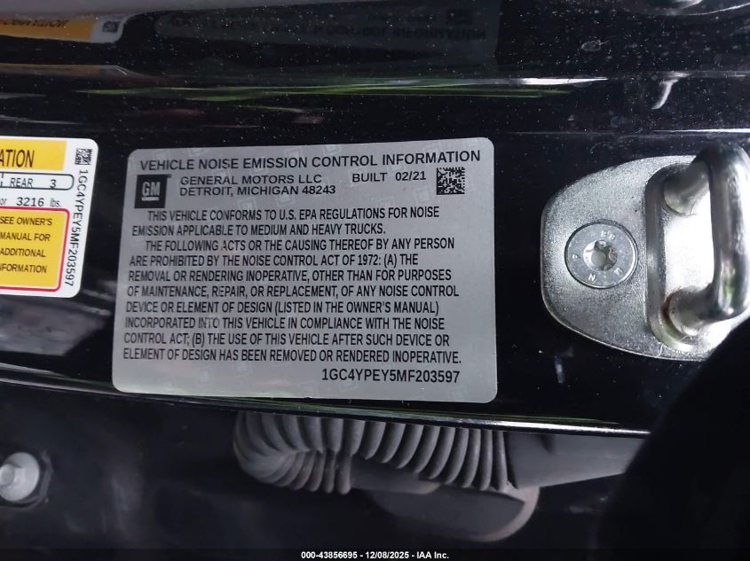 2021 Chevrolet Silverado 2500Hd 4Wd Standard Bed Ltz VIN: 1GC4YPEY5MF203597 Lot: 43856695