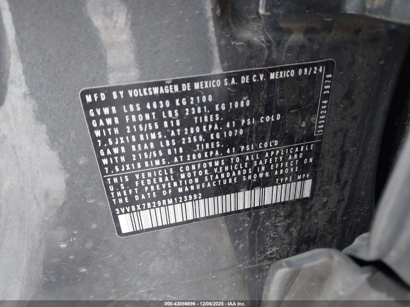 2024 Volkswagen Taos 1.5T S VIN: 3VV8X7B29RM123992 Lot: 43856696