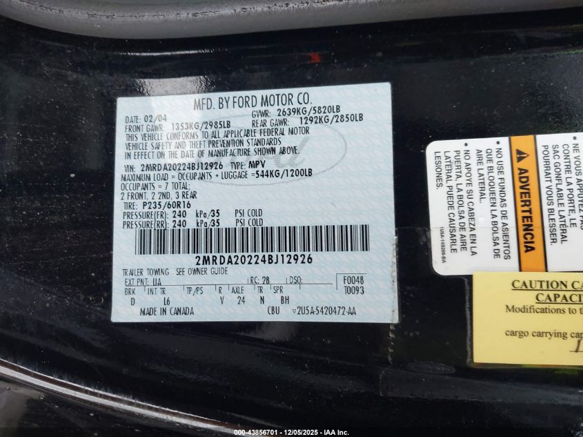 2004 Mercury Monterey VIN: 2MRDA20224BJ12926 Lot: 43856701