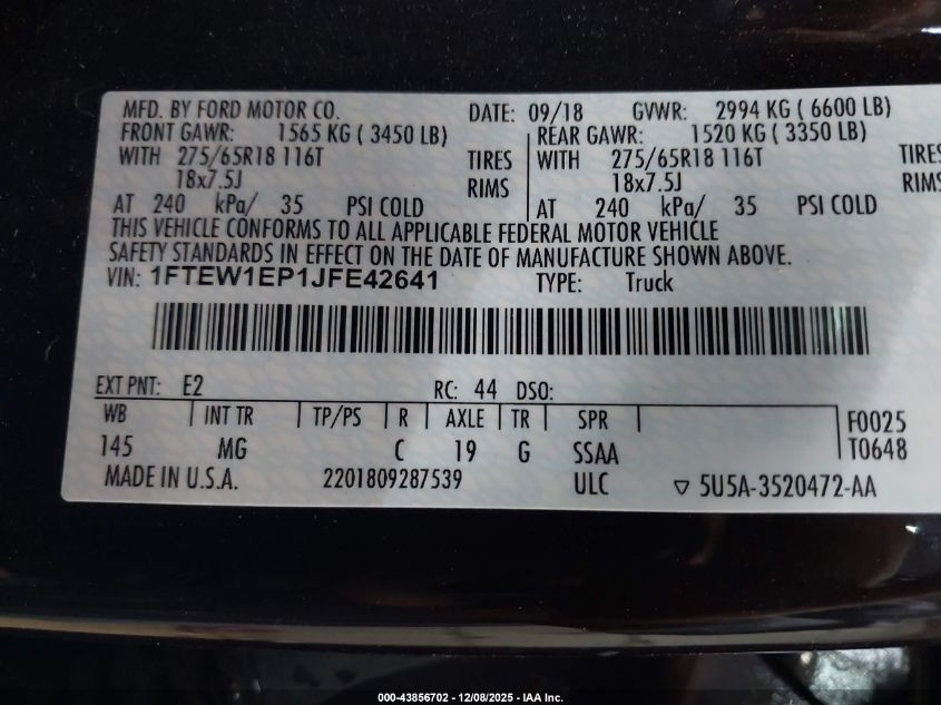 2018 Ford F-150 Xlt VIN: 1FTEW1EP1JFE42641 Lot: 43856702