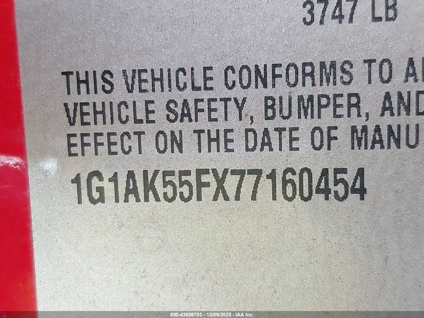 2007 Chevrolet Cobalt Ls VIN: 1G1AK55FX77160454 Lot: 43856703