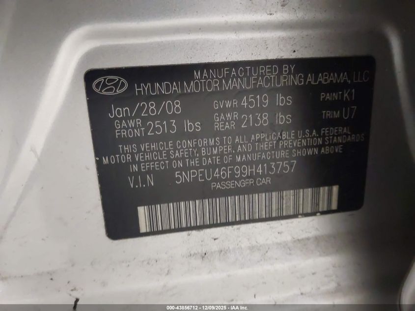 2009 Hyundai Sonata Limited V6 VIN: 5NPEU46F99H413757 Lot: 43856712