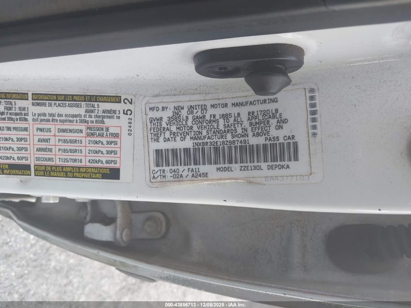 2008 Toyota Corolla Ce VIN: 1NXBR32E18Z987491 Lot: 43856713