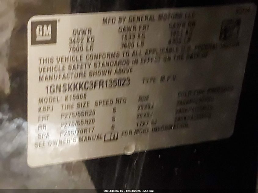 2015 Chevrolet Suburban 1500 Ltz VIN: 1GNSKKKC3FR135023 Lot: 43856715