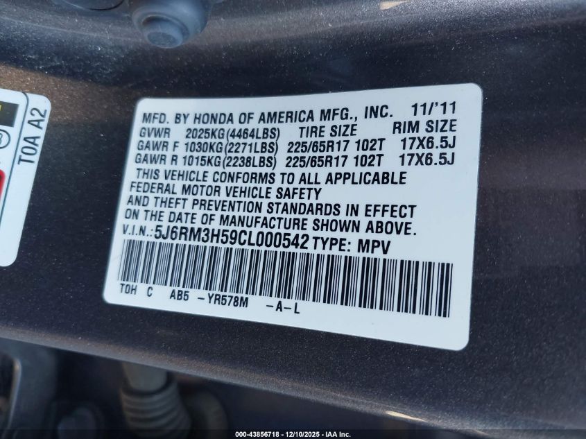 2012 Honda Cr-V Ex VIN: 5J6RM3H59CL000542 Lot: 43856718