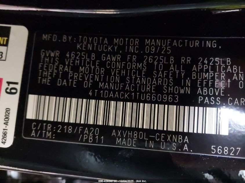 2026 Toyota Camry Le VIN: 4T1DAACK1TU660963 Lot: 43856730