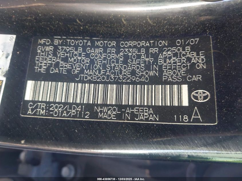 2007 Toyota Prius Touring VIN: JTDKB20U373229640 Lot: 43856738