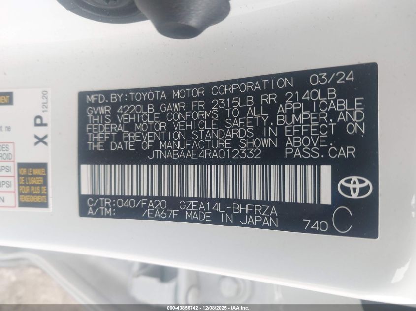 2024 Toyota Gr Corolla Core VIN: JTNABAAE4RA012332 Lot: 43856742