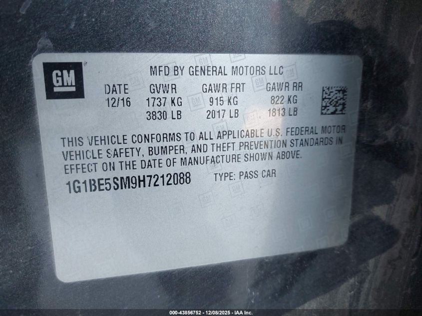 2017 Chevrolet Cruze Lt Auto VIN: 1G1BE5SM9H7212088 Lot: 43856752