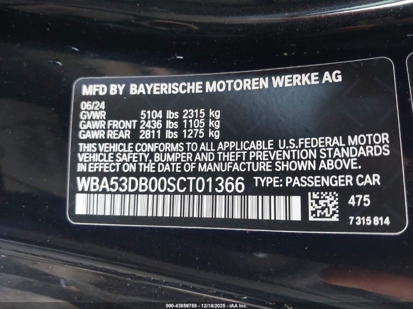 2025 BMW 430I xDrive VIN: WBA53DB00SCT01366 Lot: 43856758