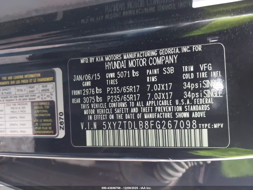 2015 Hyundai Santa Fe Sport 2.4L VIN: 5XYZTDLB8FG267098 Lot: 43856766