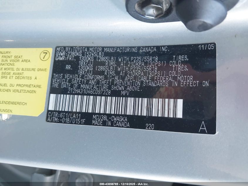 2006 Lexus Rx 330 VIN: 2T2HA31U46C097328 Lot: 43856769