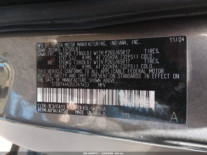 2005 Toyota Sequoia Sr5 V8 VIN: 5TDBT44A35S241453 Lot: 43856771