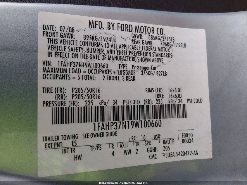 2009 Ford Focus Sel VIN: 1FAHP37N19W100660 Lot: 43856783